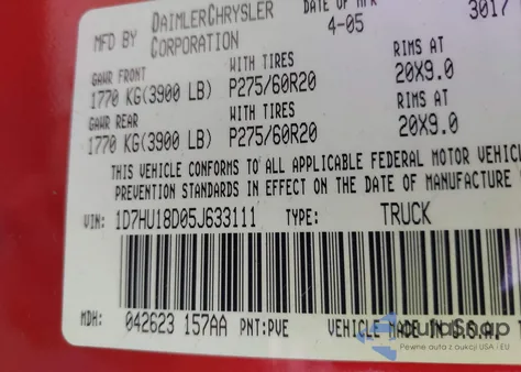 2005 Dodge Ram 1500 Slt/Laramie from USA, damaged, VIN 1D7HU18D05J633111